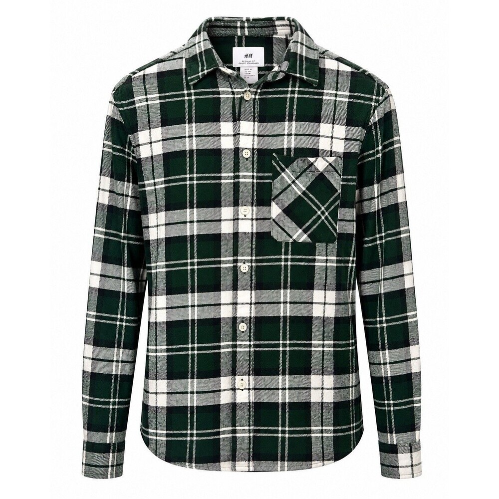 H&M‎ Flannel Shirt Mens Small Green Plaid Long Sleeve Button Down Relaxed Fit